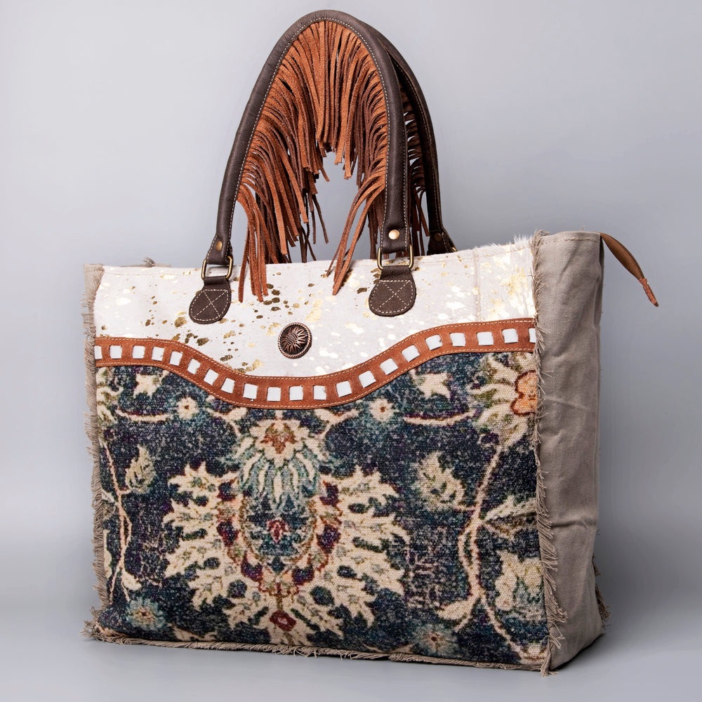 OHLAY Weekender Western Fringe canvas leather tote bag